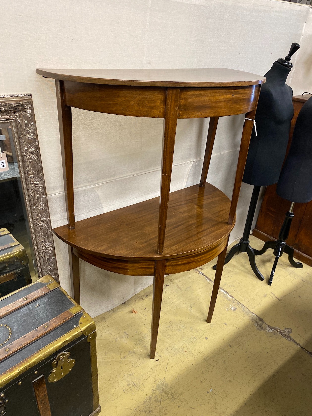 A pair of George III mahogany D end dining tables, width 111cm, depth 54cm, height 73cm